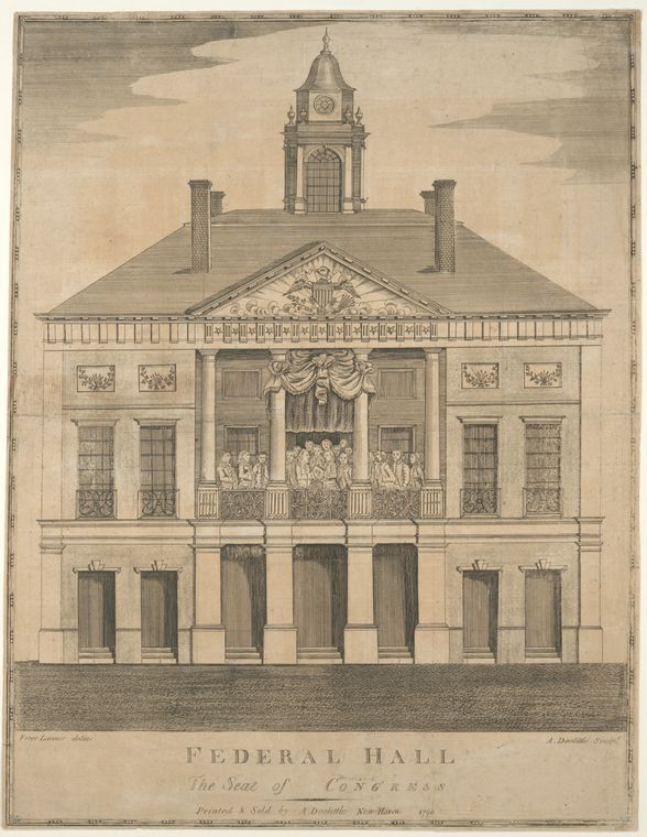 Amos Doolittle (1754-1832) after Peter Lacour (fl. 1755-1795), Federal Hall, The Seat of Congress. Engraving, 1790.